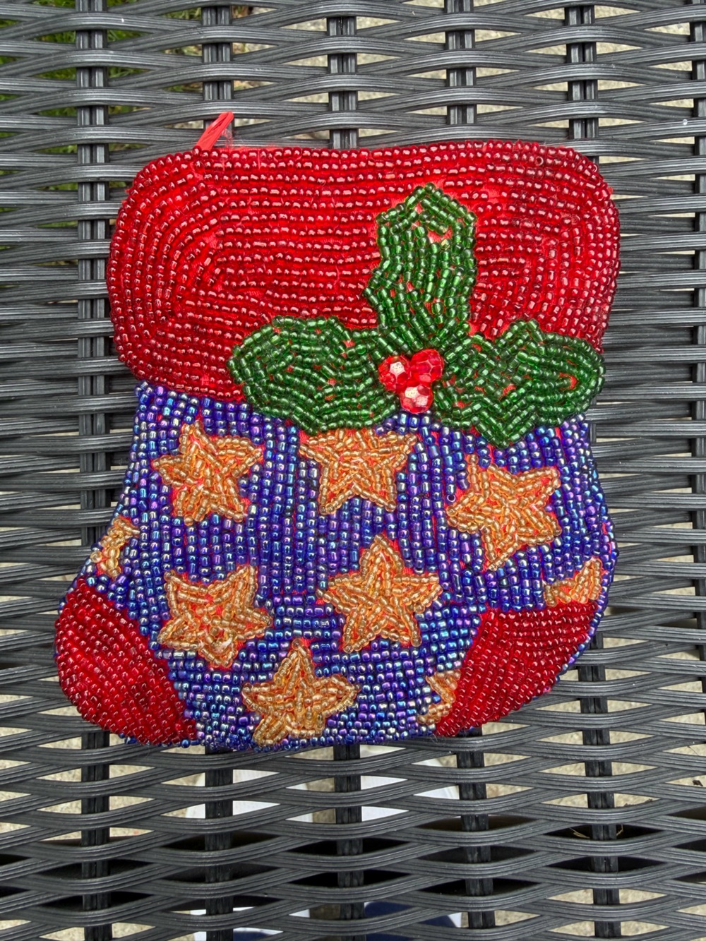 vintage C. Marie glass beaded Christmas stocking purse/coin pouch
